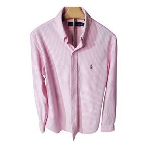 Ralph Lauren Button Down Long Sleeve Pink/White Striped Shirt Size M